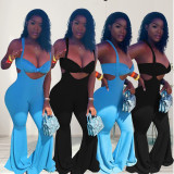 Solid Tube Top+Strap Flared Pants Two Piece Sets WPF-80568