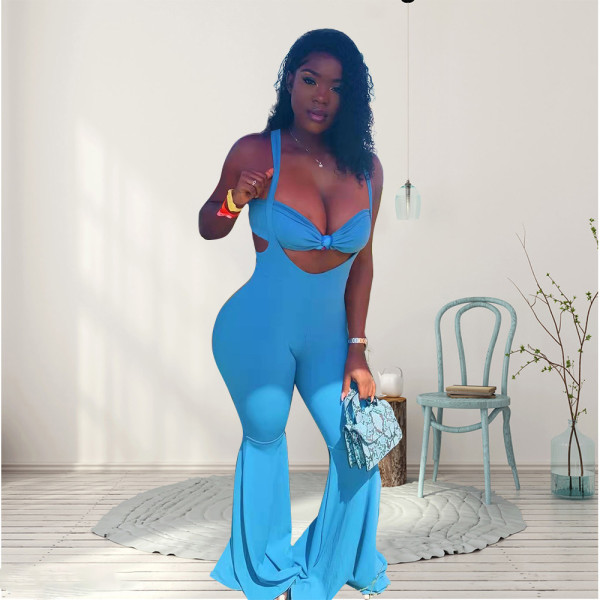 Solid Tube Top+Strap Flared Pants Two Piece Sets WPF-80568