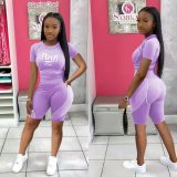 Pink Letter Print Two Piece Shorts Set OY-6353