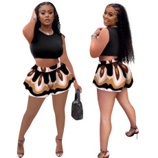 Sexy Sleeveless Crop Top+Printed Shorts 2 Piece Sets YD-8591