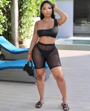 Sexy One Shoulder Mesh Shorts 2 Piece Sets (Without Briefs)YD-8588