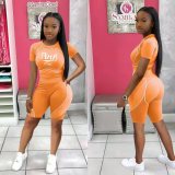 Pink Letter Print Two Piece Shorts Set OY-6353