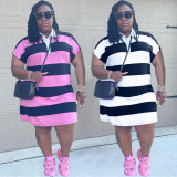 Plus Size Striped Turndown Collar T-Shirt Dress WAF-77437