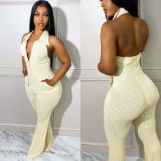 Solid Halter Backless Jumpsuit MOF-6689