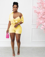 Sexy Striped Cami Top+Shorts+Shirt 3 Piece Sets OMY-81018