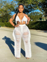 Sexy Knit Tassel Hollow Out Two Piece Pant Sets ZSD-0225