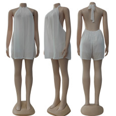 White Halter Backless Wide Leg Loose Romper CY-6598
