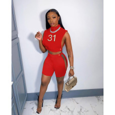 Number Print Sleeveless Hollow Out 2 Piece Shorts Sets FNN-8666