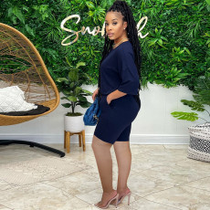 Plus Size Solid T Shirt And Shorts Two Piece Sets MEI-9250