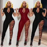 Sexy Short Sleeve Hole Skinny Jumpsuit With Chain GLF-8146