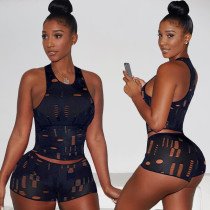 Sexy Sleeveless Hole Two Piece Shorts Sets AL-283