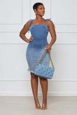 Denim Spaghetti Strap Bodycon Mini Dress LX-6927