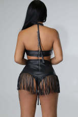 Sexy Tassel Halter Bra Top High Waist Shorts Clubwear Sets LP-66335