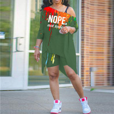 Ink Jet Print Off Shoulder Loose Top And Shorts Sets WSYF-5932