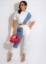 Denim Pachwork Two Piece Pants Sets MEM-88435