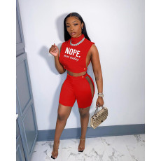 Letter Print Sleeveless Hollow 2 Piece Shorts Sets WSYF-5931