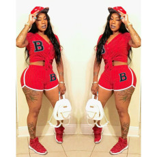 Letter Print Striped Baseball Two Piece Shorts Sets XYF-9135