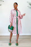 Casual Striped Long Sleeve Sashes Midi Dress OLYF-96094