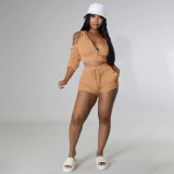 Solid Hooded Backless Ruched Sleeve Two Piece Sets YIM-258