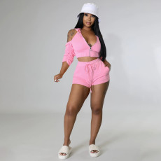 Solid Hooded Backless Ruched Sleeve Two Piece Sets YIM-258
