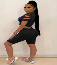 Plus Size Lip Print Hole Two Piece Shorts Sets BYMF-60992