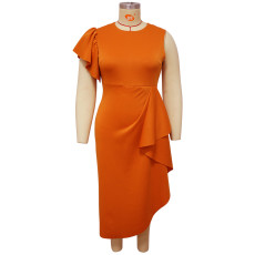 Plus Size Solid One Shoulder Ruffled Dress (Without Belt)NNWF-7434