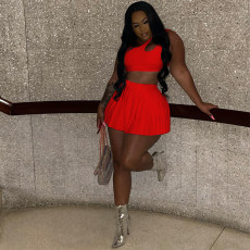Plus Size Solid Tank Top Pleated Mini Skirt 2 Piece Sets MEI-9255