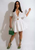 Solid Short Sleeve Belted Mini Dress OSM-3338
