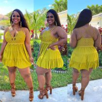 Plus Size Lace Patchwork Cross Strap Mini Dress NY-2388