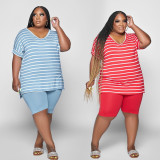 Plus Size Striped V Neck T Shirt And Shorts Sets PHF-13282