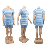 Plus Size Striped V Neck T Shirt And Shorts Sets PHF-13282