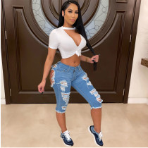 Denim Ripped Hole Calf Length Jeans Pants GCNF-0185