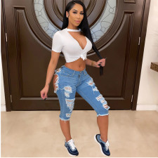 Denim Ripped Hole Calf Length Jeans Pants GCNF-0185
