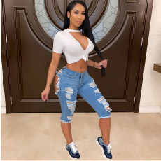 Denim Ripped Hole Calf Length Jeans Pants GCNF-0185