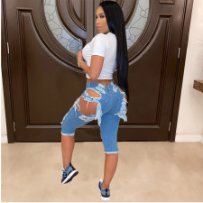 Denim Ripped Hole Calf Length Jeans Pants GCNF-0185