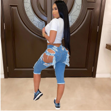 Denim Ripped Hole Calf Length Jeans Pants GCNF-0185