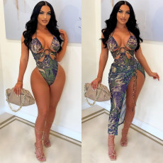 Sexy Printed Bodysuit+Split Skirt Two Piece Sets BN-9327