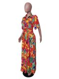Floral Print Short Sleeve Buttons Sashes Maxi Dress MK-3090