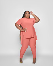 Plus Size Solid Split Top Stacked Pants 2 Piece Sets CQ-176
