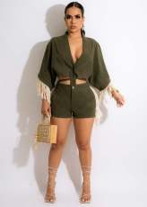 Casual Tassel Batwing Sleeve Two Piece Shorts Sets MEM-88437