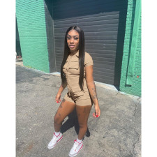 Solid Short Sleeve Zipper Pocket Romper DDF-88166