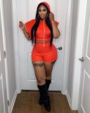 Plus Size Solid Hooded Two Piece Shorts Sets OY-6357