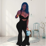 Plus Size Solid Tube Top Strap Flared Jumpsuit 2 Piece Sets WPF-80638