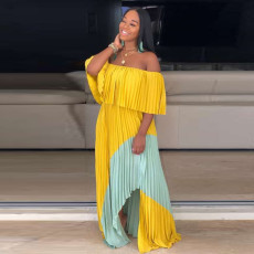 Sexy Patchwork Slash Neck Pleated Maxi Dresses OD-8291
