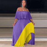 Sexy Patchwork Slash Neck Pleated Maxi Dresses OD-8291