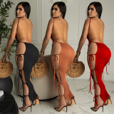 Solid Sexy Lace-Up Hollow Out Sling Maxi Dress WSYF-5936