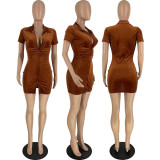 Solid Short Sleeve Buttons Slim Mini Dress MXDF-6098