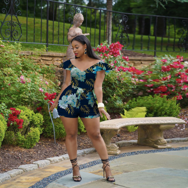 Floral Print V Neck Sashes Romper OY-6356