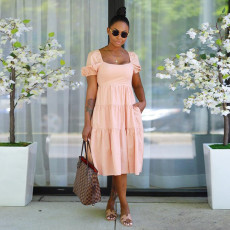 Solid High Waist Short Sleeve Midi Dress SFY-2170
