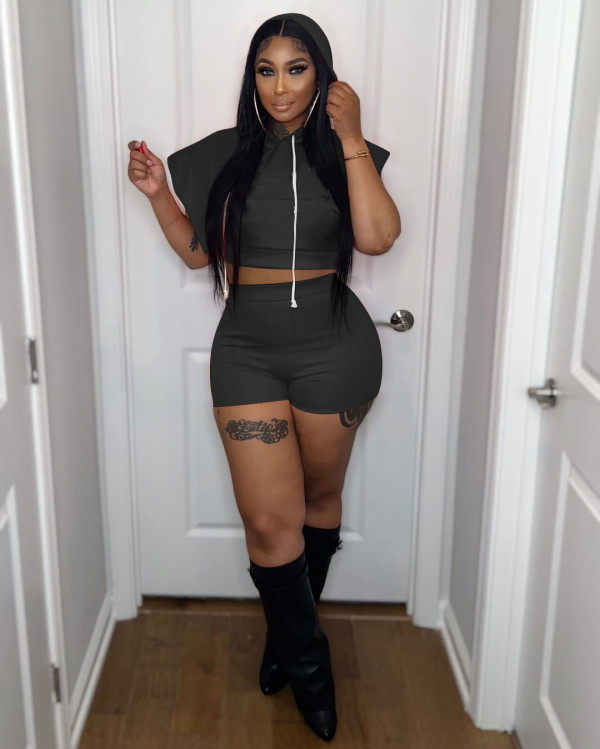 Plus Size Solid Hooded Two Piece Shorts Sets OY-6357